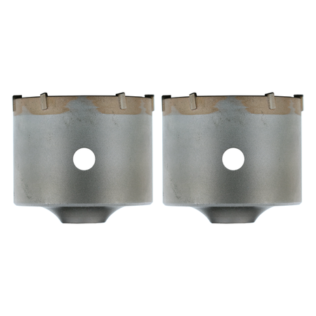 Two cylindrical carbide-tipped core bits with SDS-Plus shanks and center holes, viewed from front.