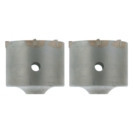 Two cylindrical SDS-Plus carbide-tipped core bits with thin walls and center holes, shown front view.