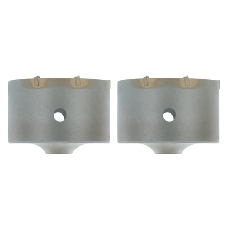 Two cylindrical carbide-tipped core bits with SDS-Plus shanks and center holes, shown from the top view.