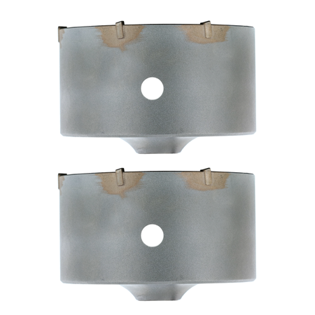 Two cylindrical carbide-tipped core bits with SDS-Plus shanks and center holes, stacked vertically.