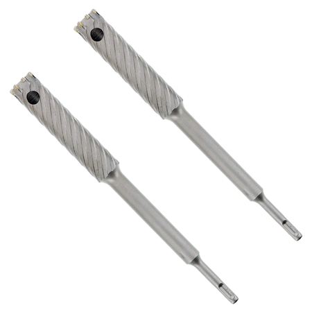 Two SDS-Plus rebar cutter bits with spiral flutes and carbide cutting heads on gray steel shafts.