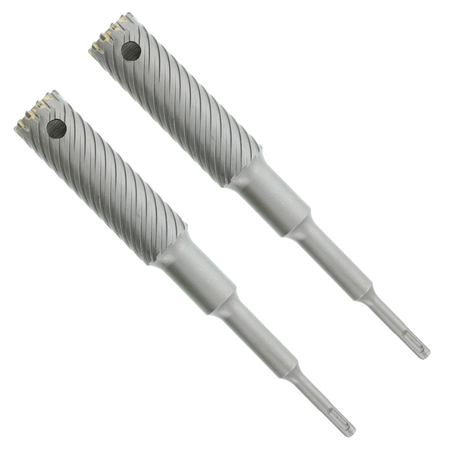 Two cylindrical SDS-Plus rebar cutter bits with spiraled flutes and carbide-tipped heads on gray shanks.