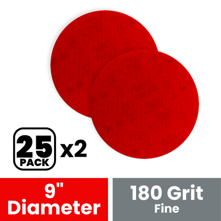 Two red 9-inch drywall sanding discs with 180 grit fine texture for orbital sanders.