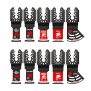 Ten black oscillating saw blades with various tooth configurations and red label bands arranged in two rows.