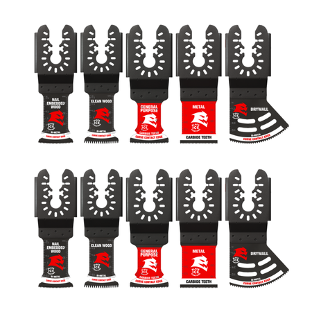 Ten black oscillating saw blades with various tooth configurations and red label bands arranged in two rows.