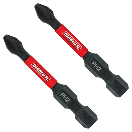 Two black Phillips #2 drive bits with red Diablo branding and black rubber grips.