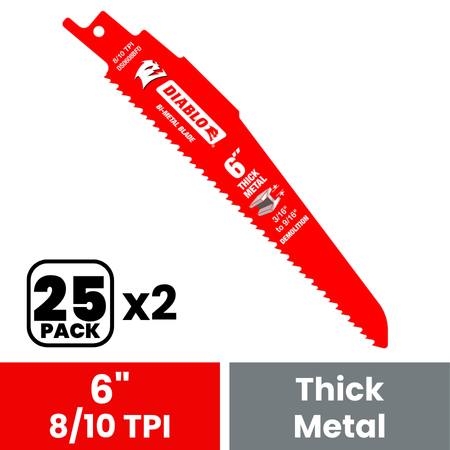 Diablo DS0608BFD25 6 in. Bi-Metal Recip Blade for Thick Metal/Demolition (3/16 in. to 9/16 in.) - 2 Packs of 25 (50 Total)