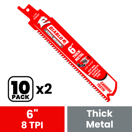Diablo DS0608CF10 6 in. Steel Demon Carbide Recip Blades for Thick Metal (3/16 in. - 9/16 in.) Cutting (10-Pack)