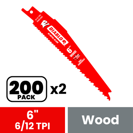 Red bi-metal reciprocating saw blade with serrated edge, labeled Diablo, 6 inches long, 200-pack quantity shown twice.