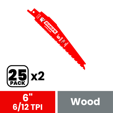 Red bi-metal reciprocating saw blade with serrated edge, labeled 6 in. and 6/12 TPI, shown with 25x2 pack indicator.