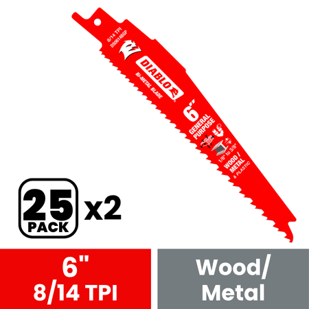 Diablo DS0614BGP25 6 in. Bi-Metal Recip Blade for Nail-Embedded Wood, Metal, and Plastic - 2 Packs of 25 (50 Total)