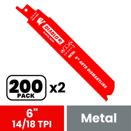 Diablo DS0614WBF200 6 in. Bi-Metal Recip Blade for Auto Dismantling (Cuts Metals 1/16 in. to 5/16 in.) (200-Pack) - 2 Pack