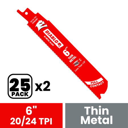 Red bi-metal reciprocating saw blade, 6 inches long with 20/24 TPI teeth for thin metal cutting.