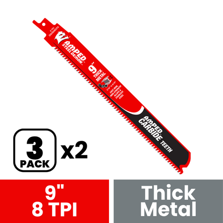 Two packs of three 9-inch reciprocating saw blades with red and black coloring and carbide teeth for cutting thick metal.