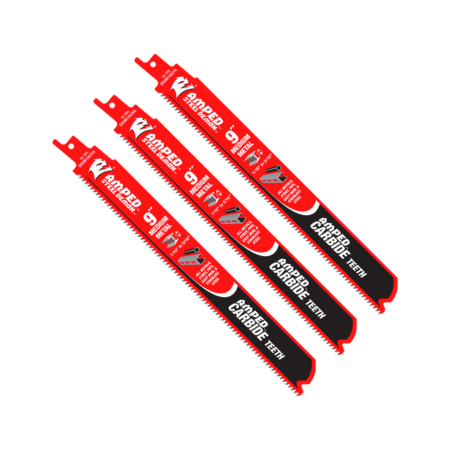 Three red and black reciprocating saw blades with carbide teeth arranged in a diagonal row.