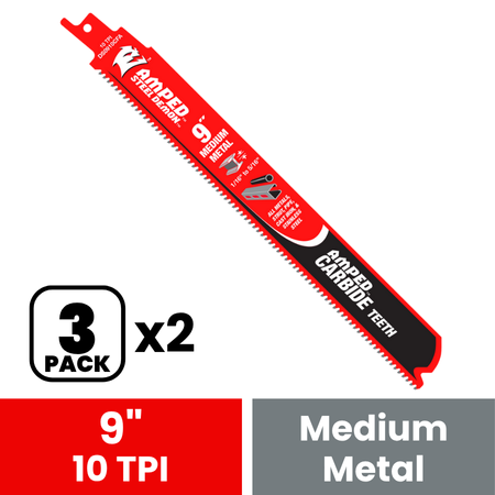 Red and black reciprocating saw blade with carbide teeth, 9 inches long, 10 TPI, two packs of three blades shown.