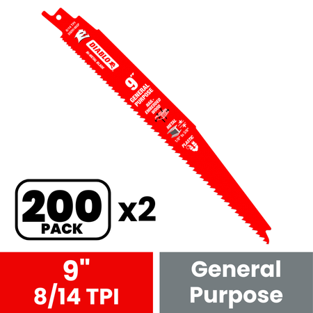 Diablo DS0914BGP200 9 in. Bi-Metal Recip Blade for Nail-Embedded Wood, Metal, and Plastic (200-Pack) - 2 Pack
