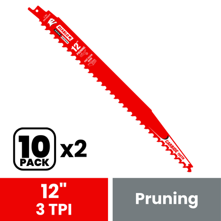 Red carbide-tipped reciprocating saw blade with jagged teeth, 12 inches long, labeled "10 Pack x2" and "3 TPI Pruning."