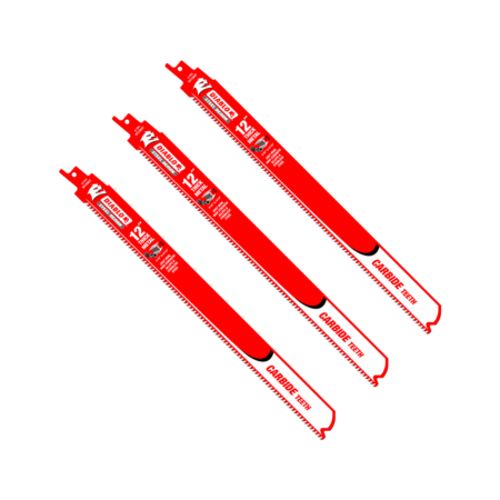 Three red reciprocating saw blades with carbide teeth arranged diagonally on white background.