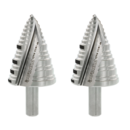 Two silver cone-shaped step drill bits with 15 graduated cutting edges and cylindrical shanks.