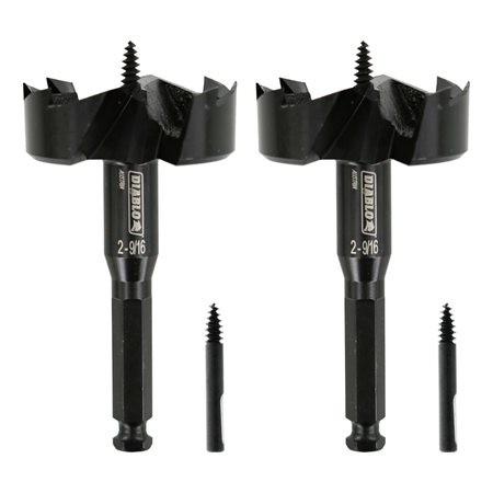 Two black self-feed drill bits with 2-9/16 inch diameter heads and center points, shown with smaller bits.