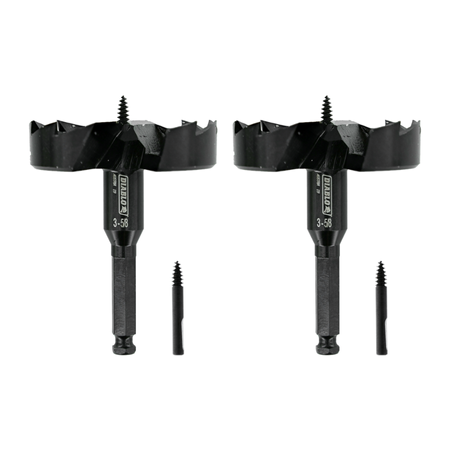 Two black self-feed drill bits with large circular cutting heads and spiral feed screws on shaft.