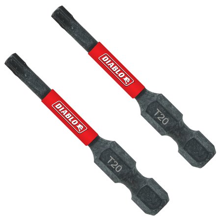 Two black Torx T20 drive bits with red Diablo bands and black grip sections.