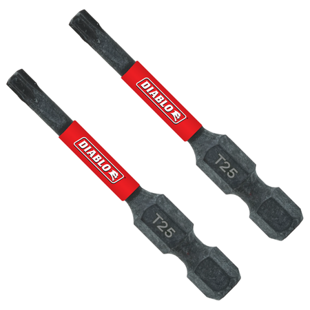 Two black torx drive bits with red Diablo bands, marked T25, displayed diagonally.
