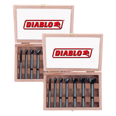 Two wooden boxes containing Diablo Forstner bits of varying sizes arranged in rows.
