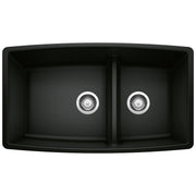 Coal black undermount double bowl kitchen sink with low divide and chrome drain strainers.