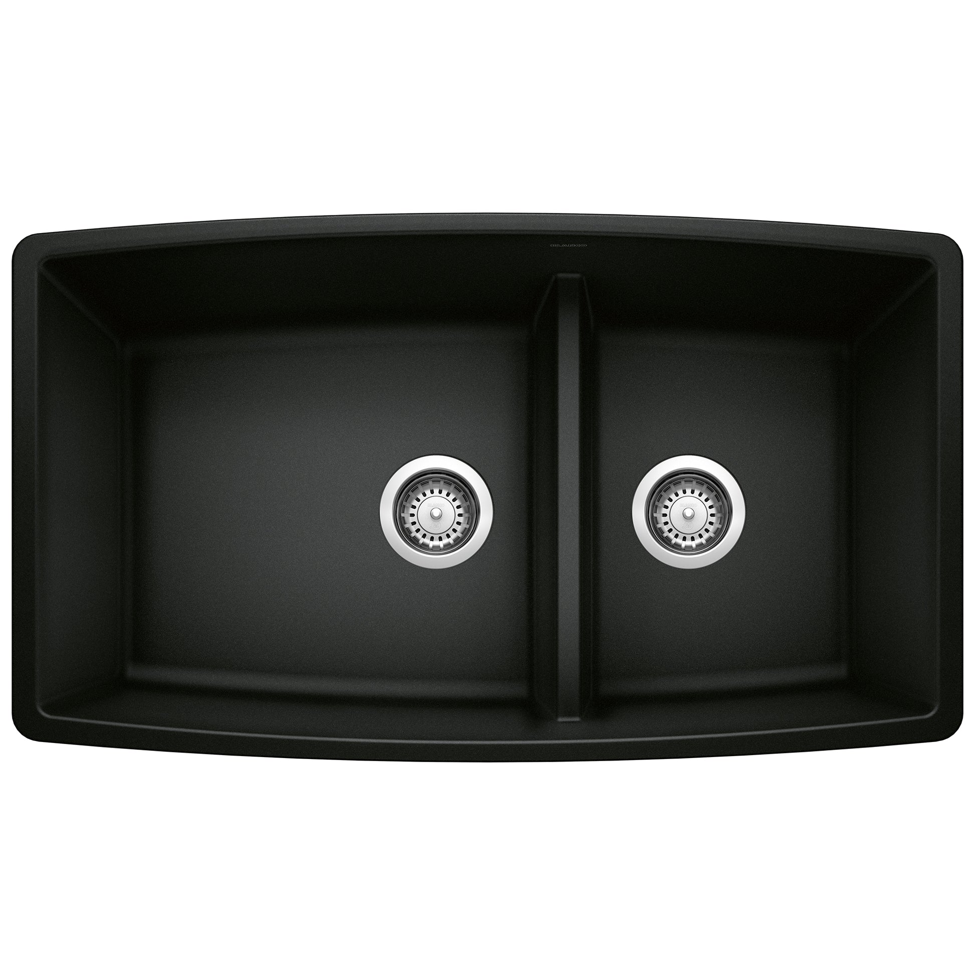 Coal black undermount double bowl kitchen sink with low divide and chrome drain strainers.