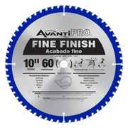 Avanti PRO 10-inch circular saw blade with 60 teeth, blue rim and silver center, labeled for fine finish cuts.