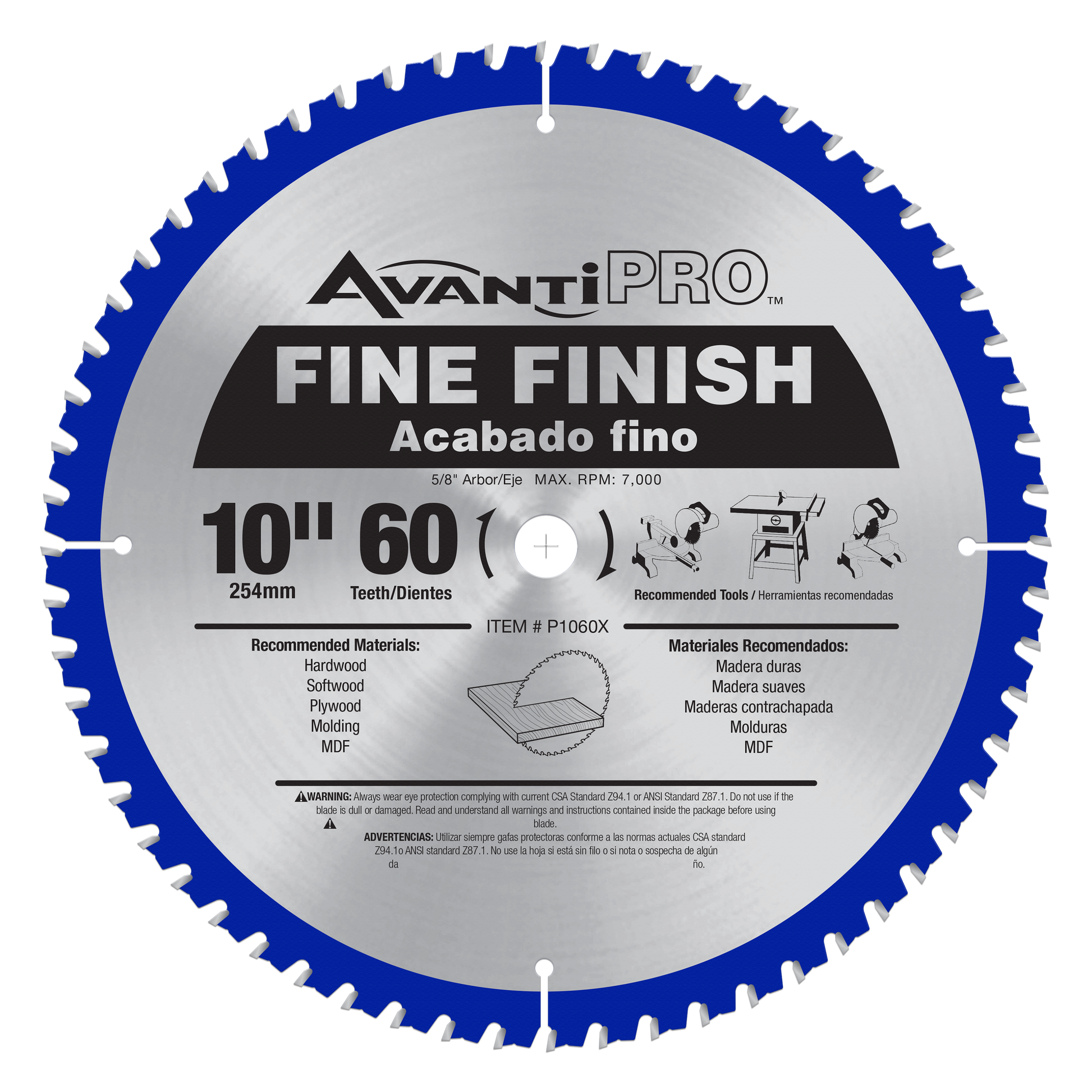 Avanti PRO 10-inch circular saw blade with 60 teeth, blue rim and silver center, labeled for fine finish cuts.