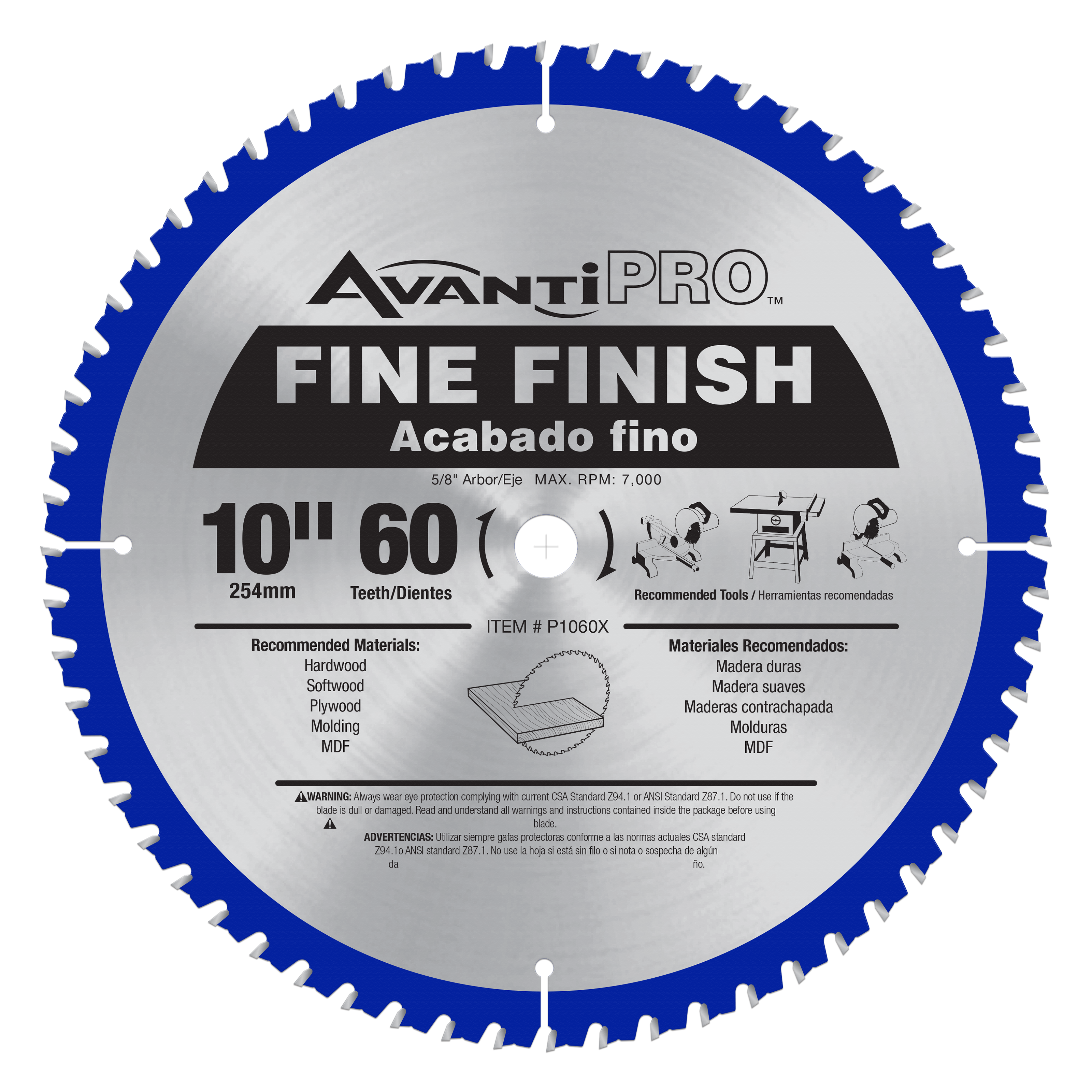 Avanti PRO 10-inch circular saw blade with 60 teeth, blue rim and silver center, labeled for fine finish cuts.