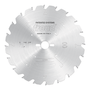 Freud 350mm circular saw blade with carbide teeth, central bore, and markings for specifications, made in Italy.