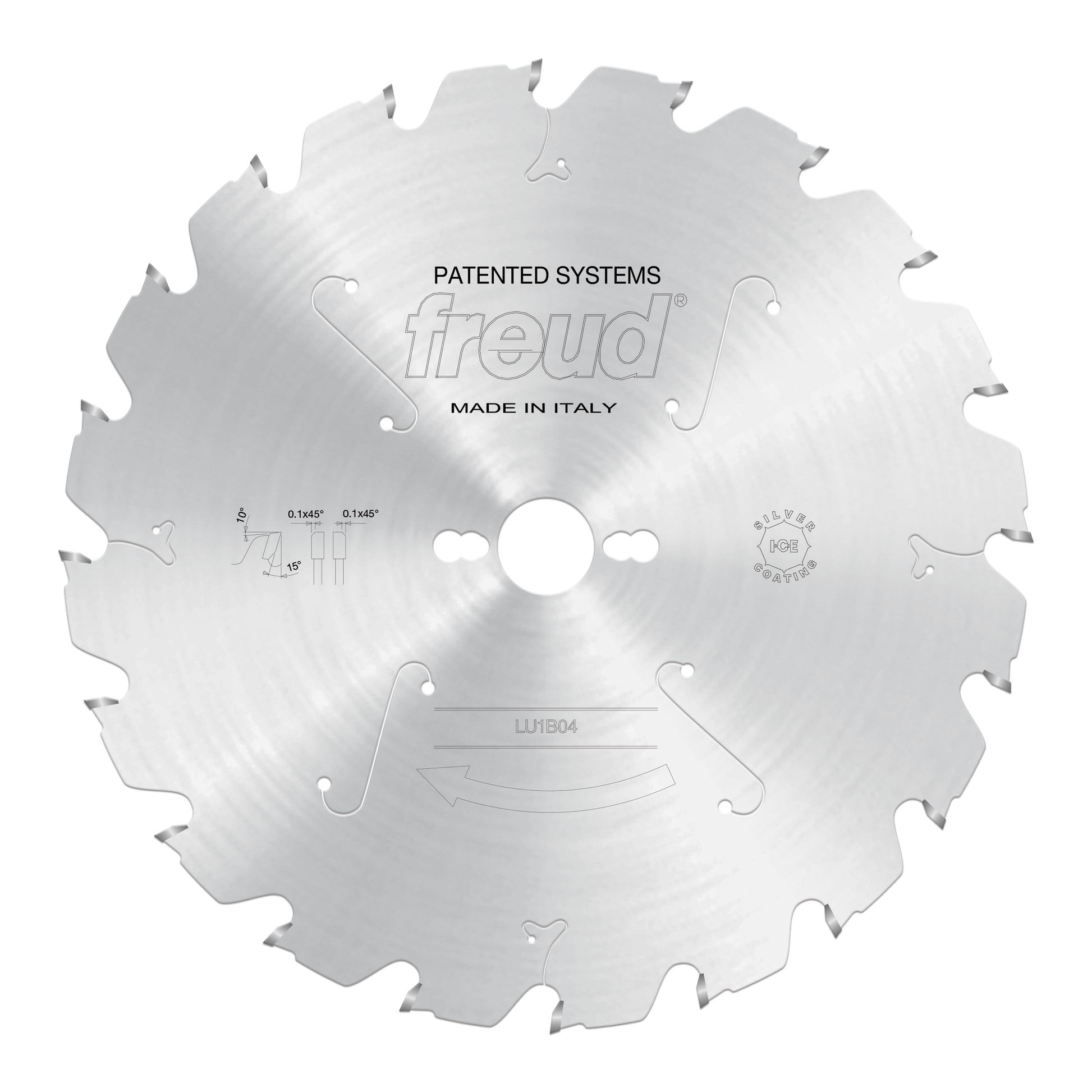 Freud 350mm circular saw blade with carbide teeth, central bore, and markings for specifications, made in Italy.