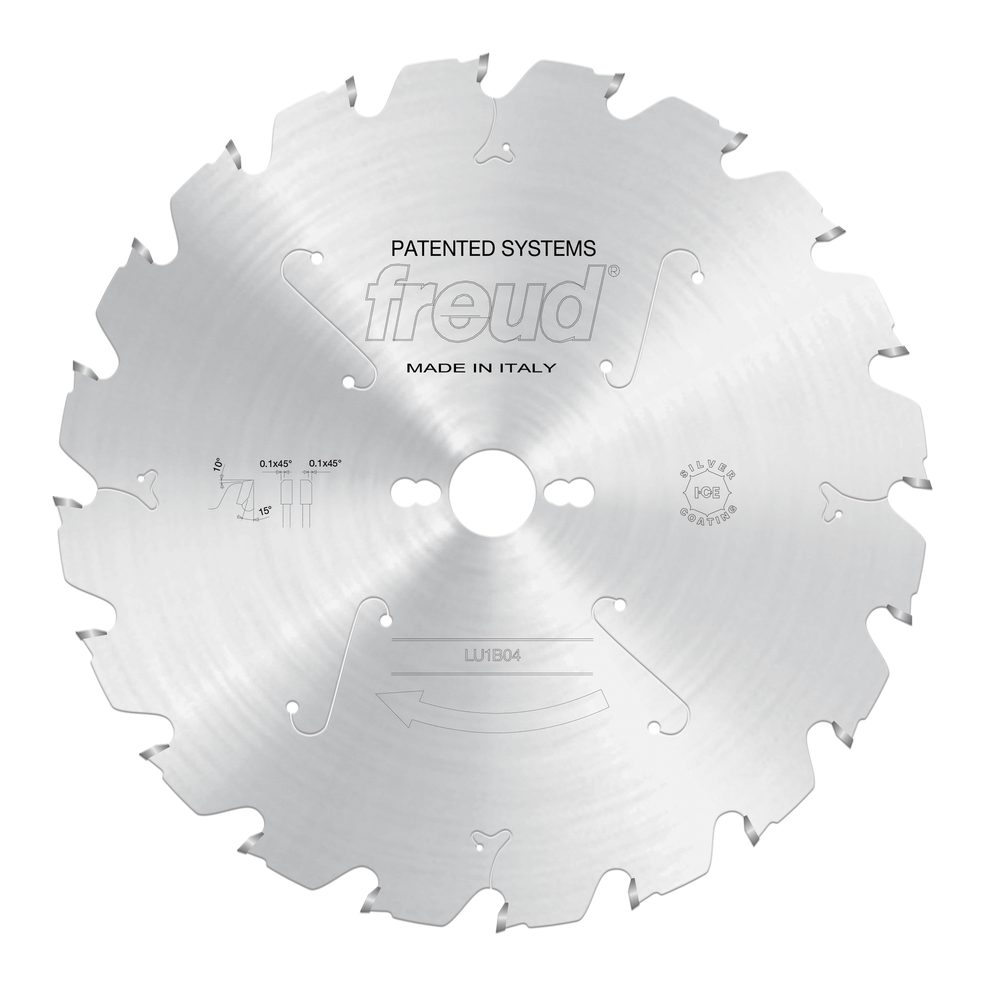 Freud 350mm circular saw blade with carbide teeth, central bore, and markings for specifications, made in Italy.