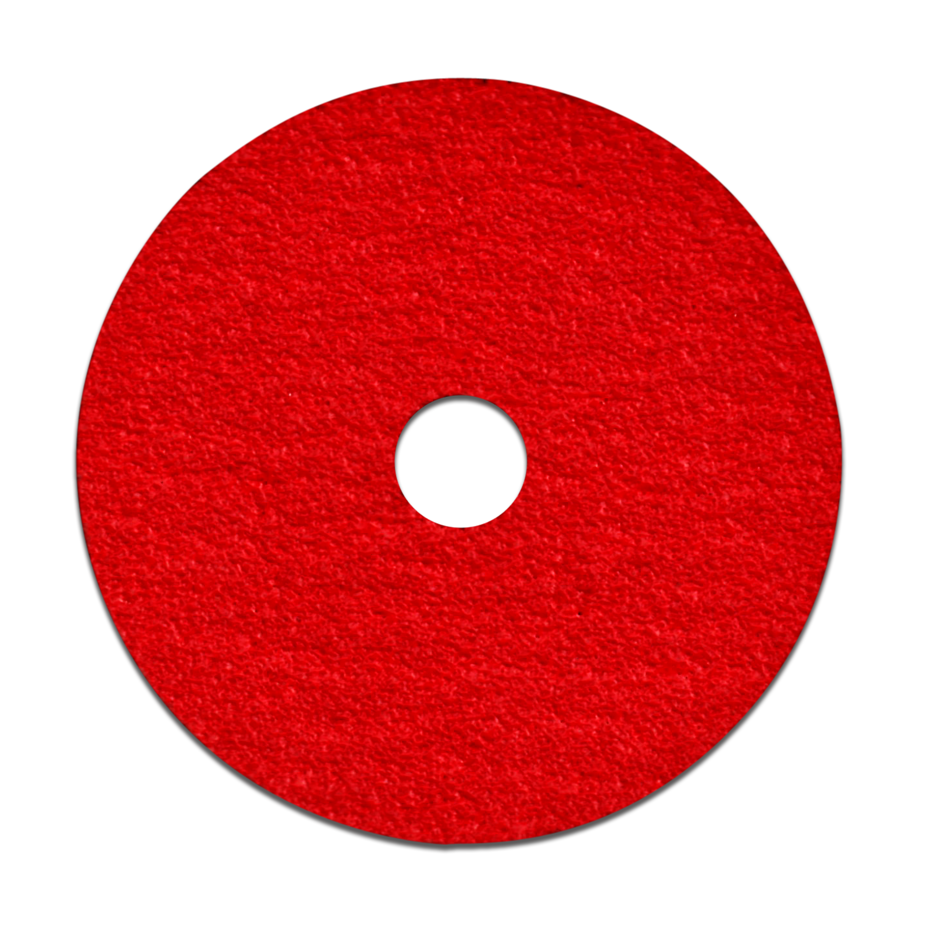 Red fiber disc with center hole and textured abrasive surface for sanding applications.