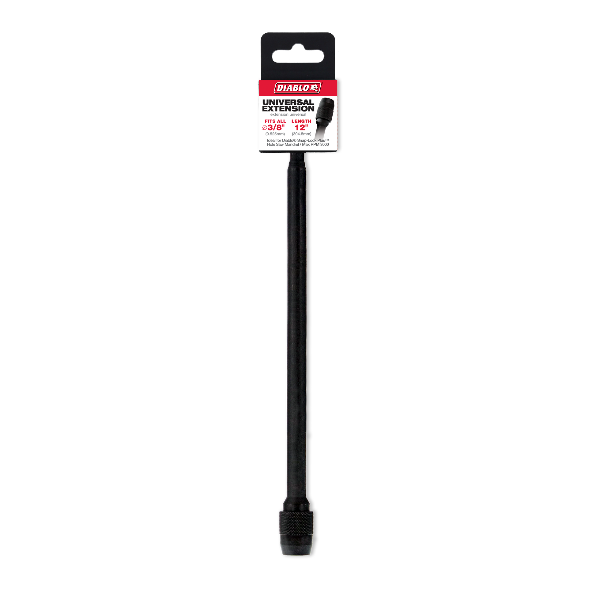 Black Diablo universal extension with 3/8-inch hex drive and 12-inch length, packaged in Diablo branded card holder.