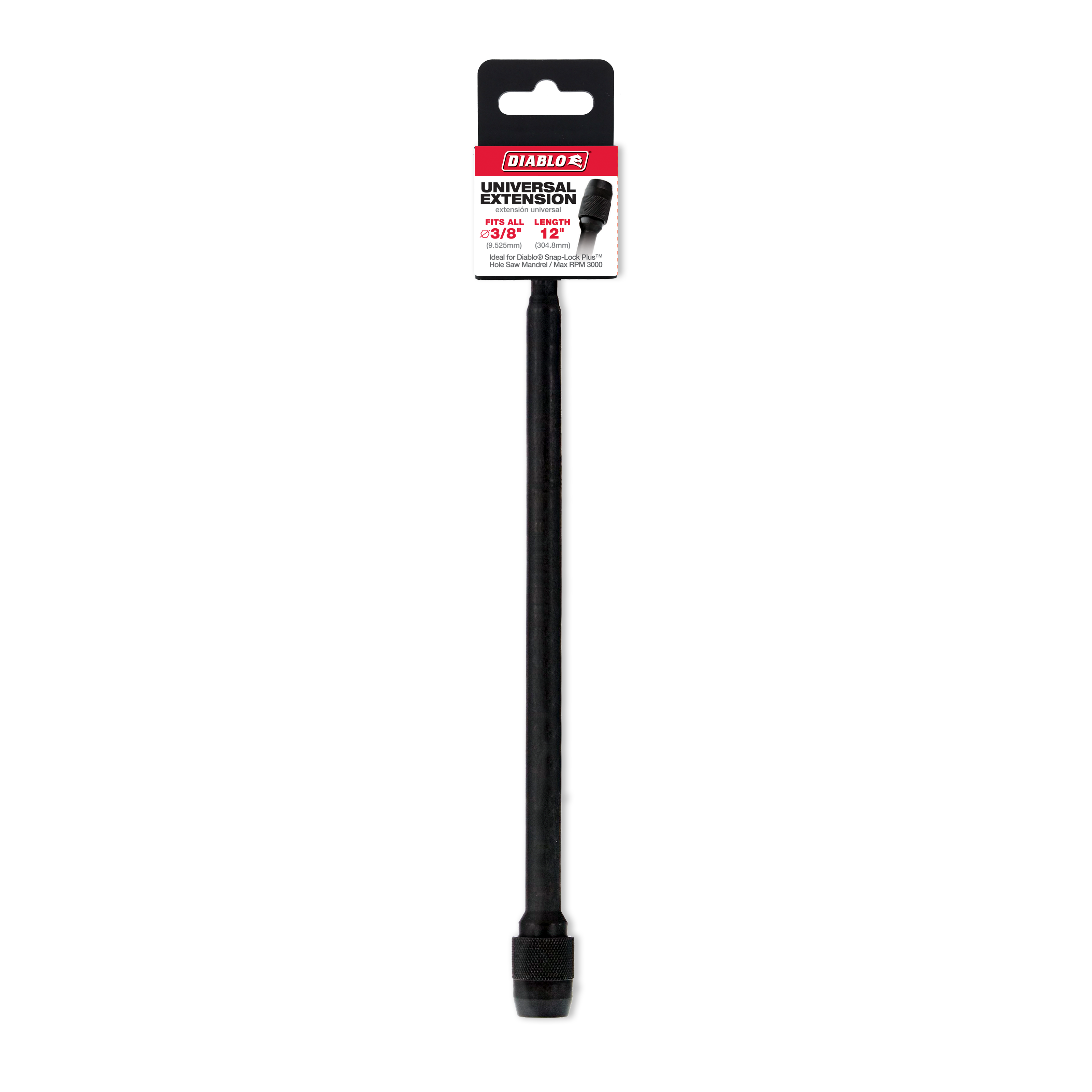Black Diablo universal extension with 3/8-inch hex drive and 12-inch length, packaged in Diablo branded card holder.
