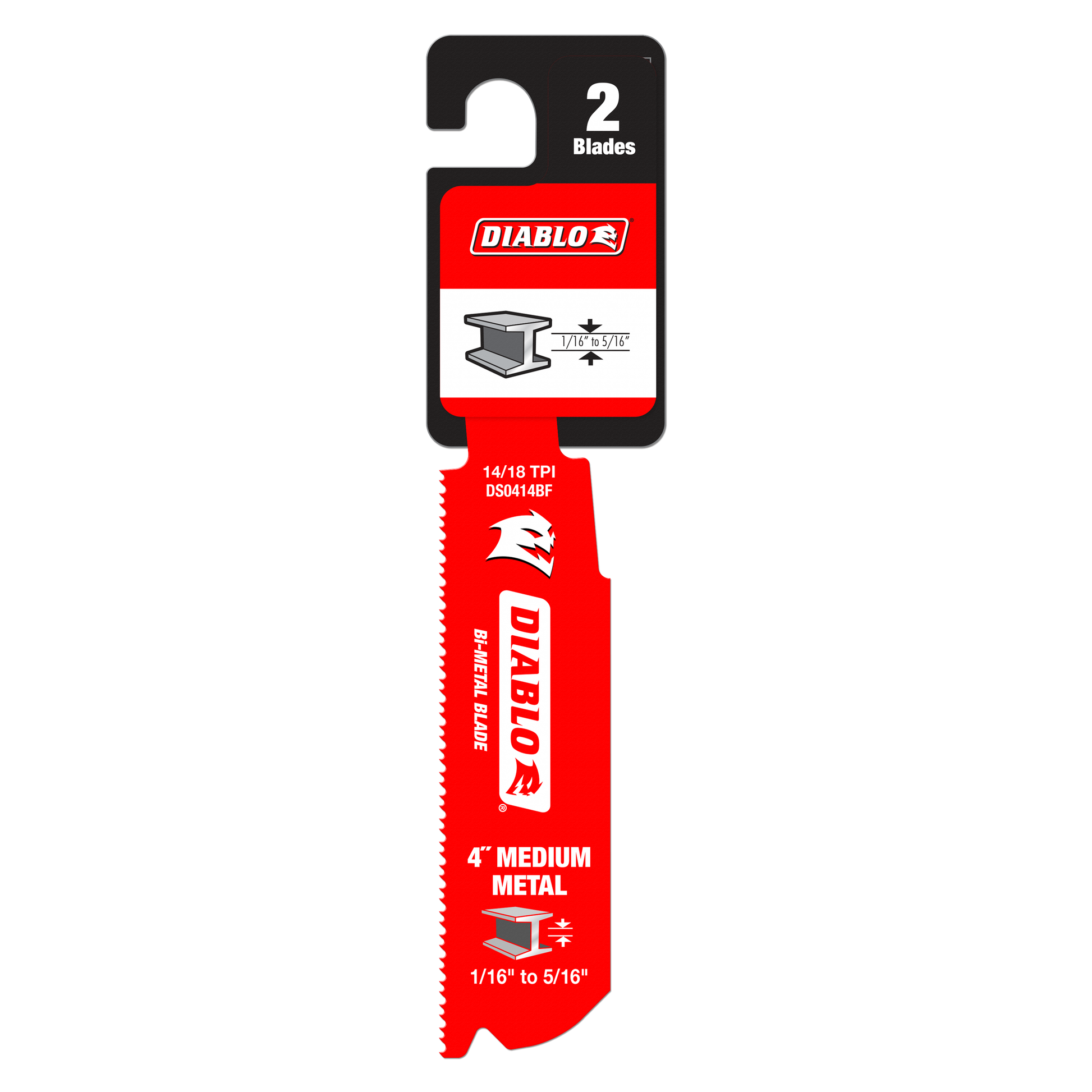 Two red Diablo bi-metal reciprocating saw blades with serrated edges on black and red packaging card.