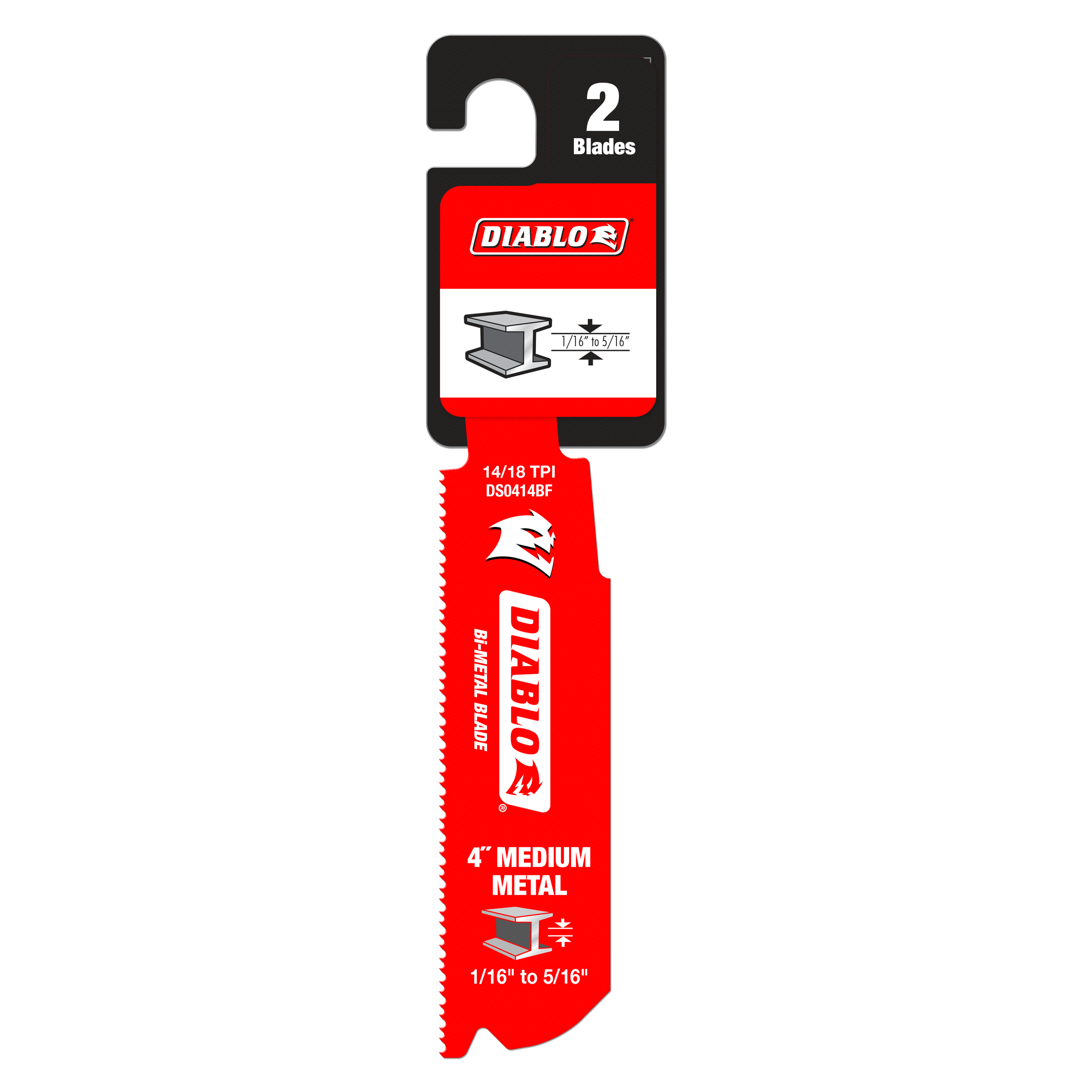Two red Diablo bi-metal reciprocating saw blades with serrated edges on black and red packaging card.