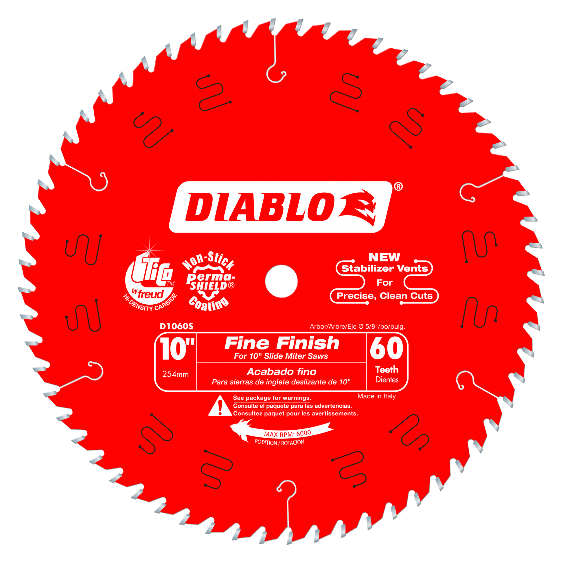 Red circular saw blade with 60 silver teeth, center arbor hole, and white Diablo branding and specification markings.