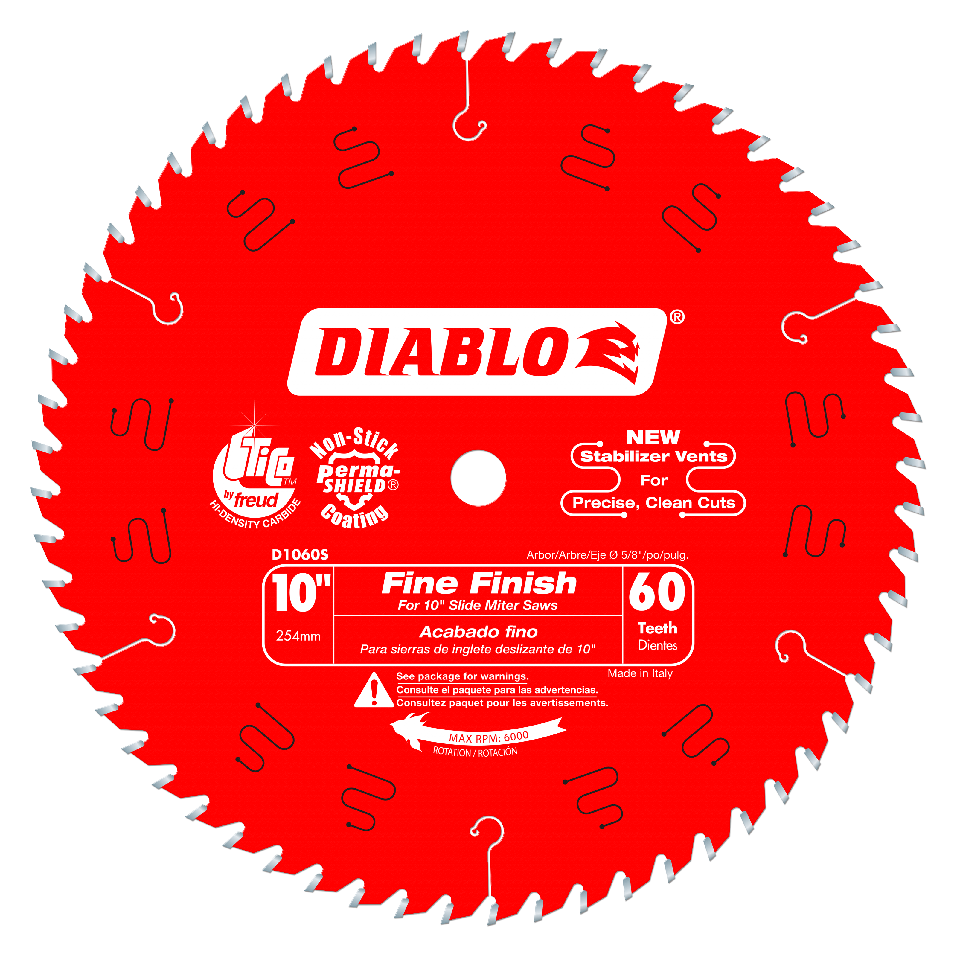 Red circular saw blade with 60 silver teeth, center arbor hole, and white Diablo branding and specification markings.