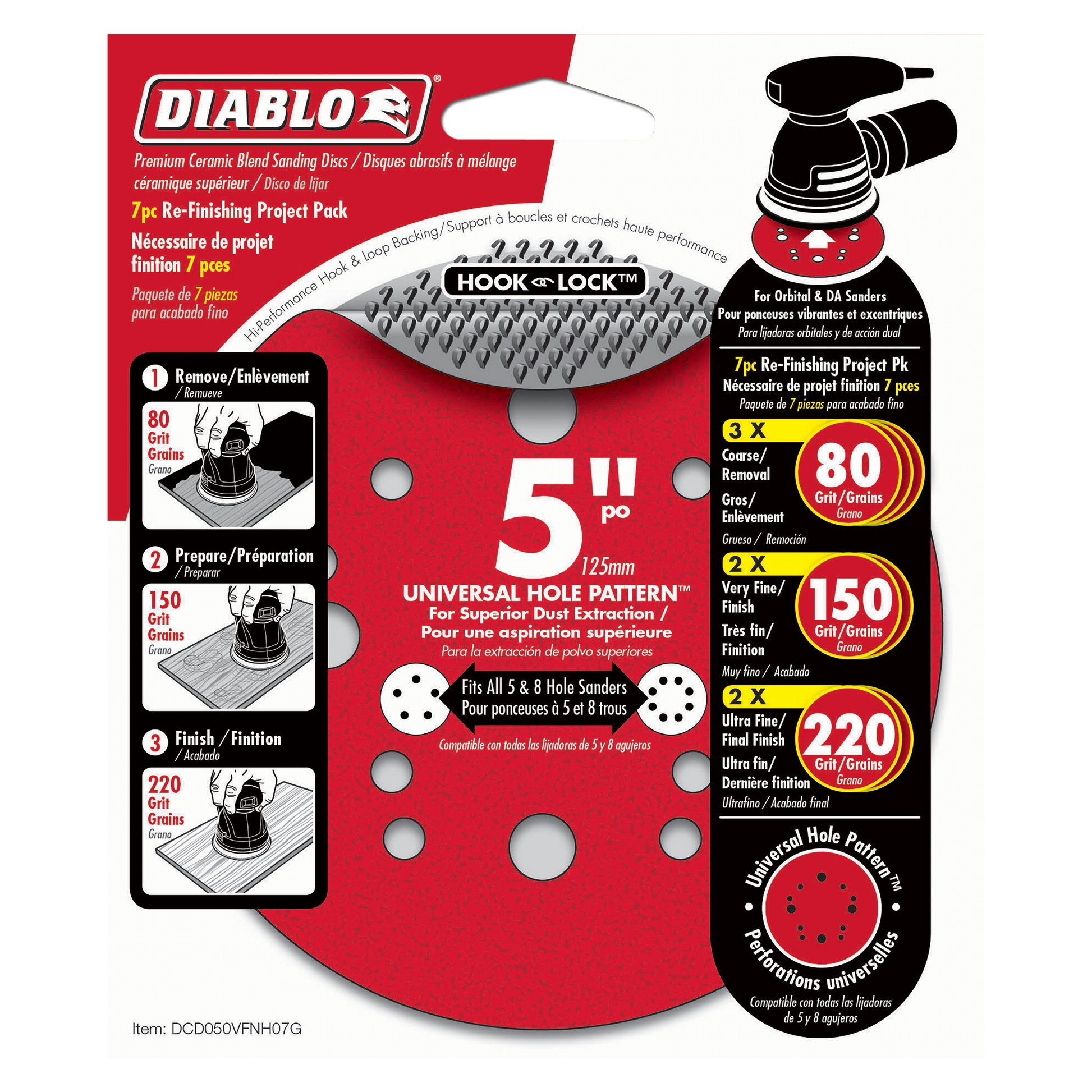 Five-inch red hook and lock sanding discs with universal hole pattern in grit grades 80, 150, and 220 for orbital sanders.