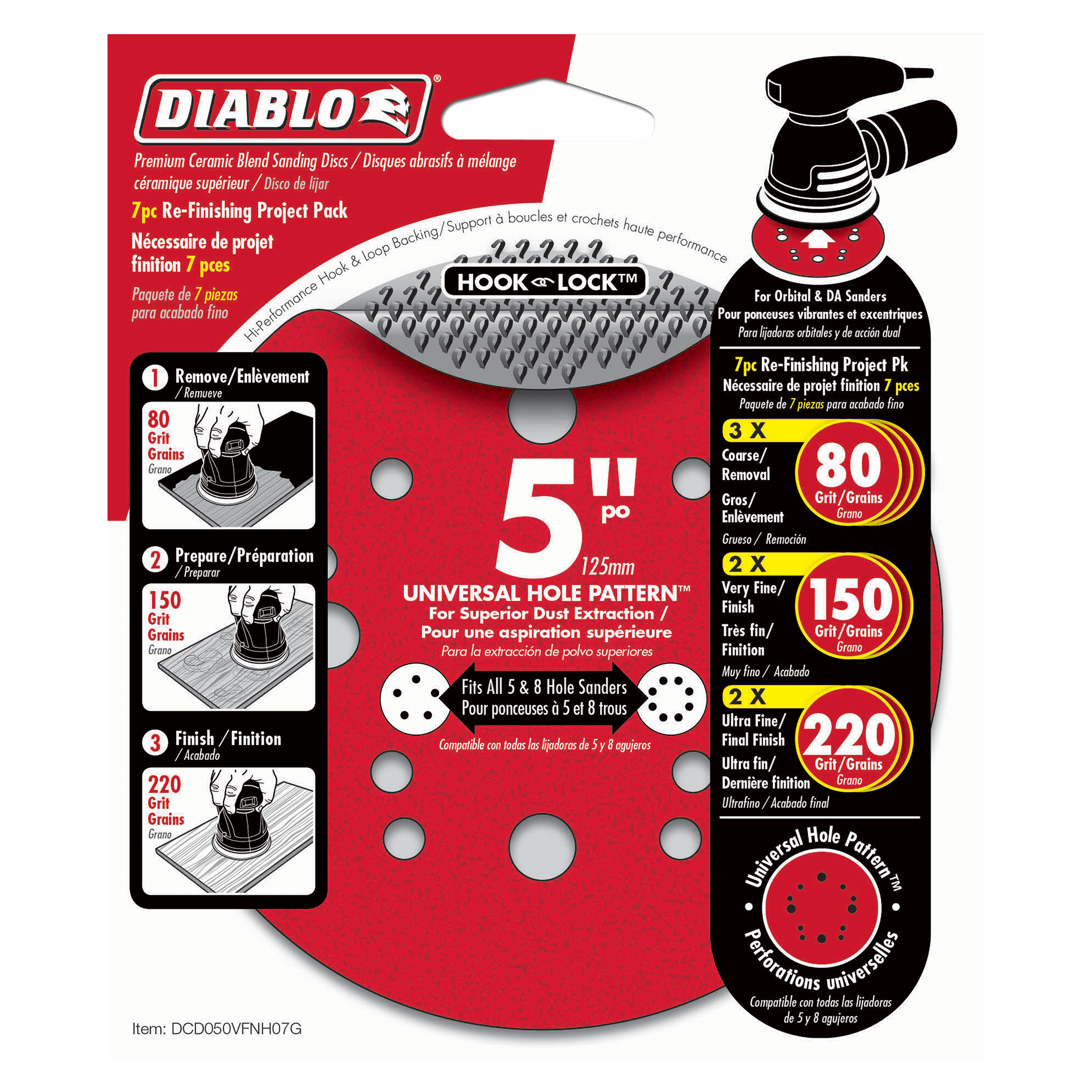 Five-inch red hook and lock sanding discs with universal hole pattern in grit grades 80, 150, and 220 for orbital sanders.