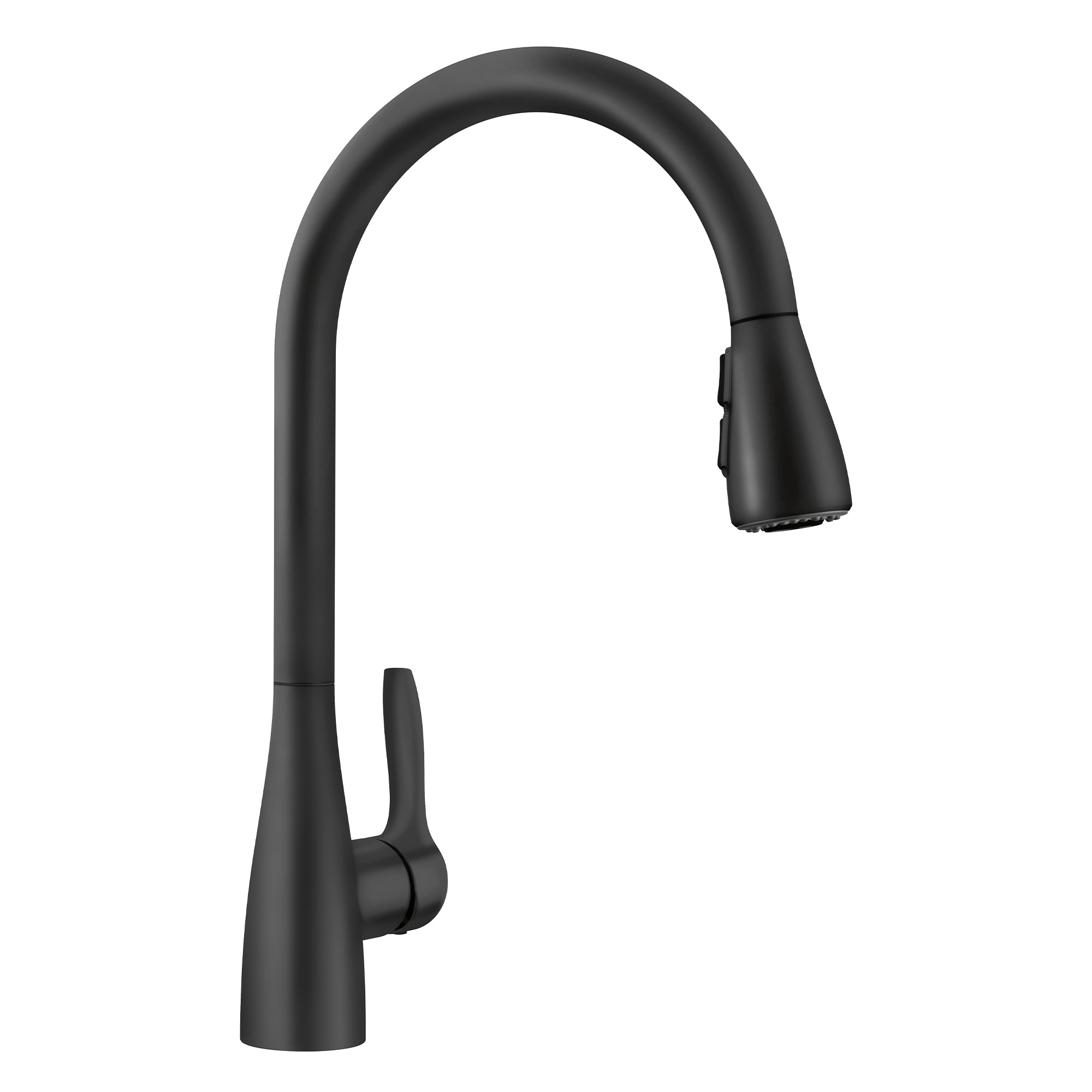Matte black pull-down kitchen faucet with curved spout, single lever handle, and flexible spray head.
