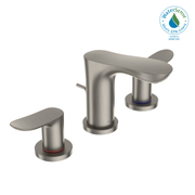 Brushed nickel two-handle widespread bathroom sink faucet with curved spout and circular base.