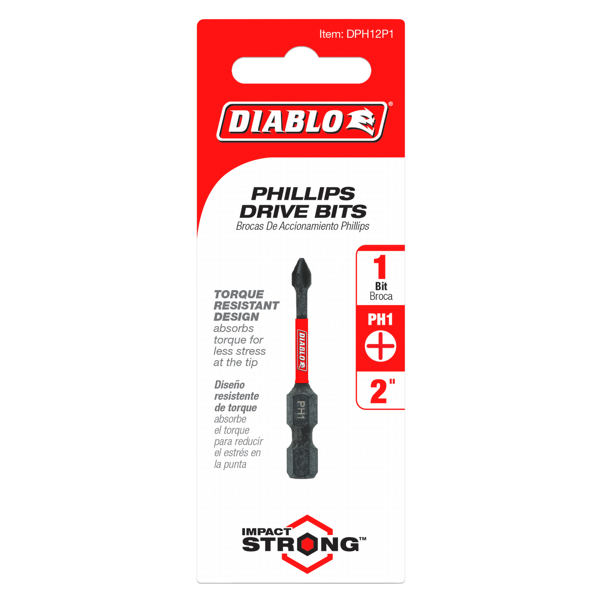 #1 Phillips drive bit with black tip and red grip on red and white Diablo branded packaging card.