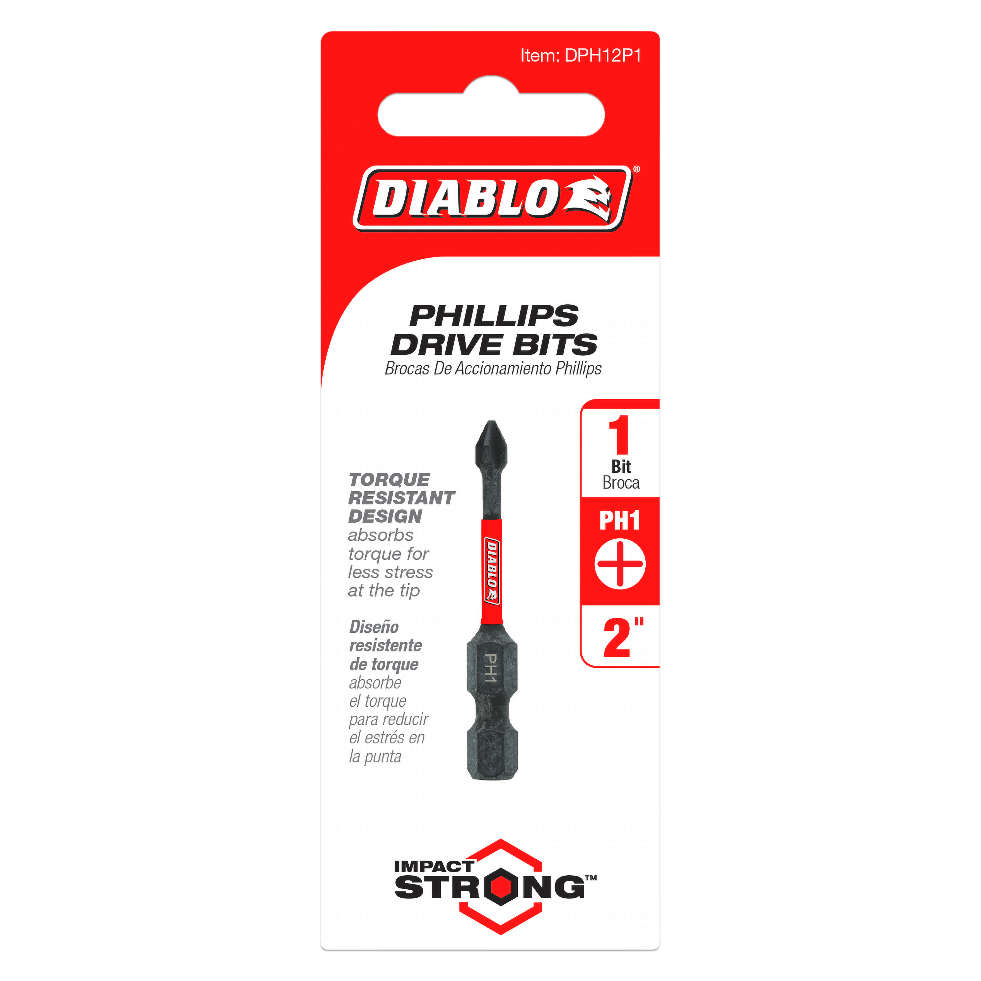 #1 Phillips drive bit with black tip and red grip on red and white Diablo branded packaging card.